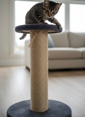 Cute Tabby Kitten Playing on a Sisal Rope Scratching Post Indoors