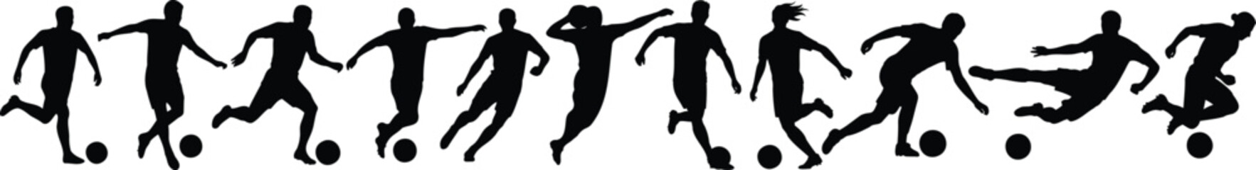 Set of football soccer player silhouette figures in motion poses