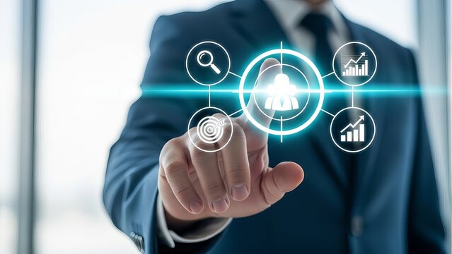Businessman interacting with futuristic digital interface for data analysis and strategy - Powered by Adobe