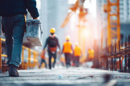 Worker carries toolbox at busy construction site with scaffolding in soft focus on a bright day