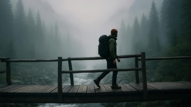 A traveler on a wooden bridge in a misty forest, captured from a side angle. The scene evokes a cinematic video feel with serene, adventurous vibes. Live desktop wallpaper.