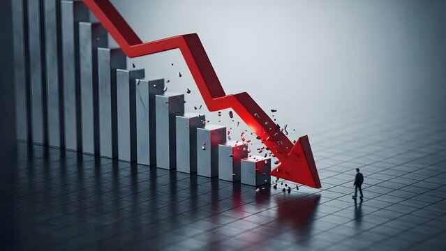 Financial market crash and economic recession. Stock market crisis and business failure. Businessman watching a red arrow breaking through a falling bar chart