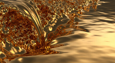 Golden liquid cascade, flowing and splashing across surface, with rich, metallic sheen, representing abundance, luxury, and liquid gold aesthetic