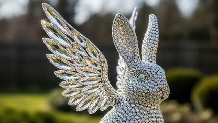 Mosaic winged rabbit garden statue closeup.