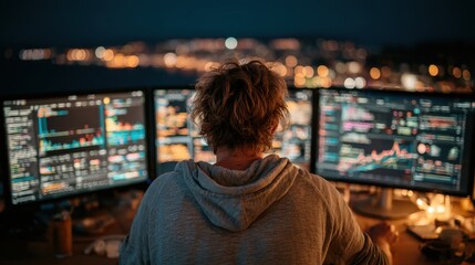 Fototapeta premium Person Monitoring Stock Market Data on Multiple Screens at Night