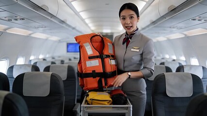 Flight attendant demonstrates life vest safety procedure on airplane.