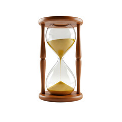 A wooden hourglass with sand flowing through it on transparent background