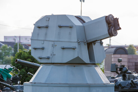 Russian CIWS 30mm naval anti-aircraft artillery turret AK-630M2 displayed in urban military museum during daytime