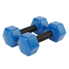A pair of blue dumbbells on transparent background for fitness and exercise