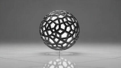 Geometric Metallic Sphere on Reflective Surface.