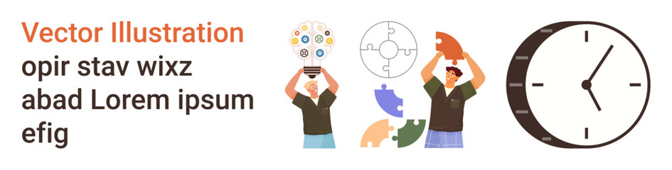 Time management, creativity, innovation, problem-solving, productivity, teamwork. People holding lightbulbs ideas and puzzle pieces next to a clock. Time management and creativity concept © robu_s