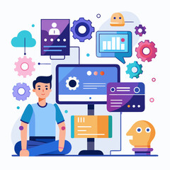 Man working on computer with various digital tools and icons around him