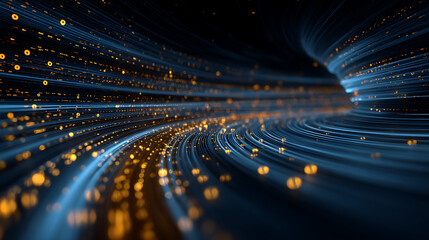 Dynamic blue and gold light trails swirling in motion