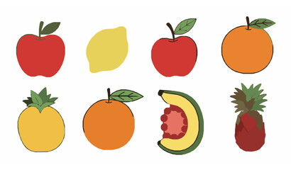 Cute Doodle Fruit Vector Set with Organic Vegan Apple Lemon and Orange