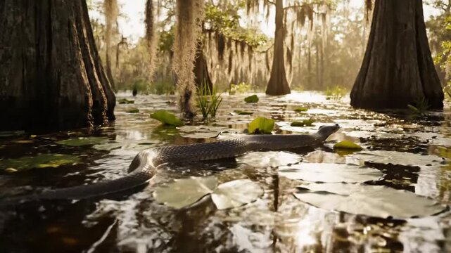 Black watersnake swims through a swamp with sunlight streaming through the trees and Spanish moss