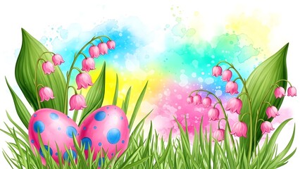 Vibrant easter eggs and flowers in lush green grass with colorful background
