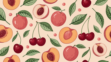 Vibrant fruit pattern with peaches and cherries on beige background