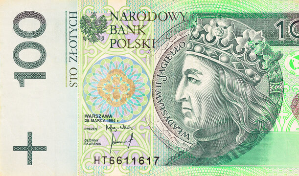 Authentic Poland currency banknote denomination 100 zloty approved by Narodowy Bank Polski front view