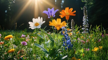 Obraz premium Colorful Wildflowers Blooming in Sunlight at Nature Field