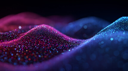 Vibrant purple and blue wave of sparkling particles on dark background