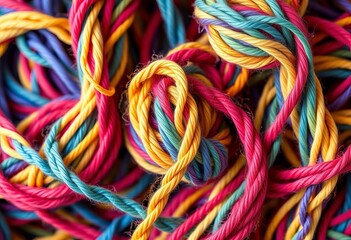 Vibrant yarn strands, twisted and knotted in multicolored stripes,  texture,  abstract