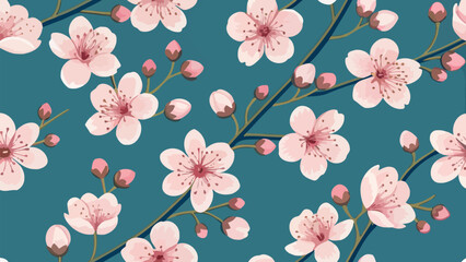 Fototapeta premium Beautiful pink cherry blossoms on teal background
