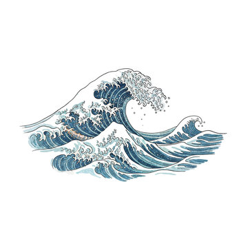 Traditional Japanese style ocean wave illustration, blue sea surf and foam spray in ukiyo-e art style on white background