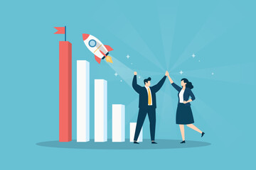 A businessman and woman high five in front of a rising bar graph and a launching rocket, symbolizing business growth, startup success, and achieving financial goals in a flat art.