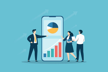 Professional business team presenting and analyzing growth charts and pie diagrams on a smartphone interface, symbolizing mobile data analytics and corporate success.