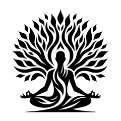 a silhouetted figure of a person in a yoga or meditative pose with tree like energy emanating vector illustrations image