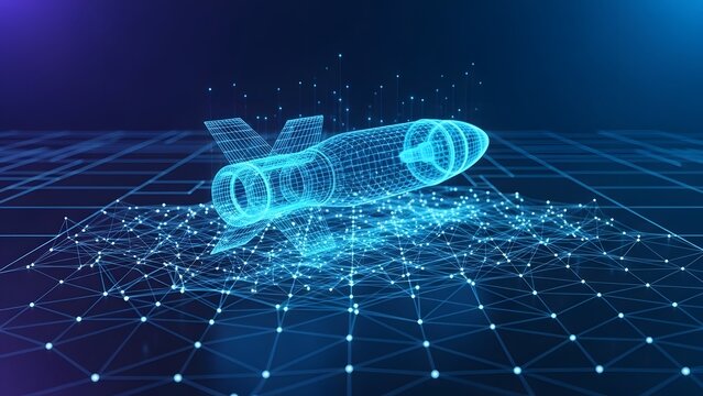 Digital wireframe of a missile over a data network. Cyber warfare and military technology concepts. Holographic weapon model glowing on a blue interconnected grid