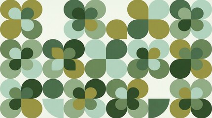 Seamless abstract geometric pattern of stylized clover shapes and circles in various shades of green and beige evoking a retro mid century modern aesthetic with a clean minimalist