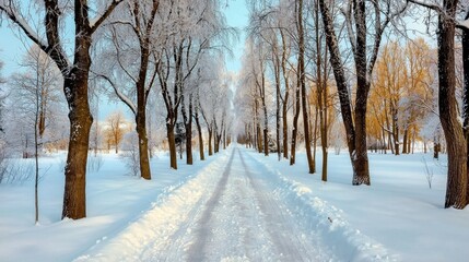 Obraz premium Serene Winter Pathway Surrounded by Snow-Covered Trees