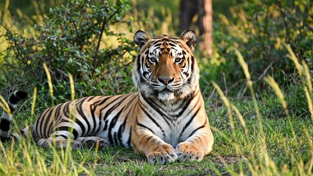 Majestic tiger resting peacefully in its natural forest habitat with striking striped pattern and captivating gaze