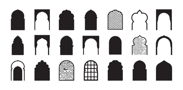 Set of 21 traditional arabic windows and arch silhouettes black flat icons design collection