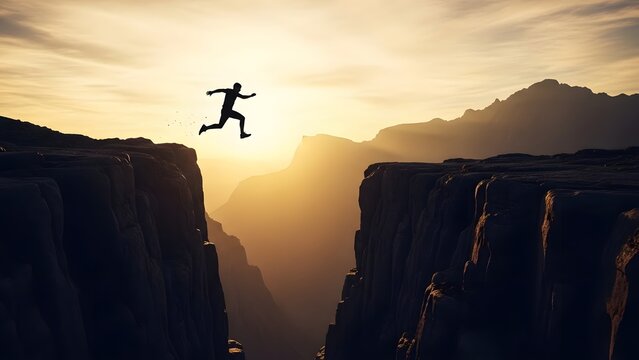 Courageous man leaping over deep canyon gap. Risk taking and personal growth concepts. Silhouette of person jumping between mountain cliffs during sunset