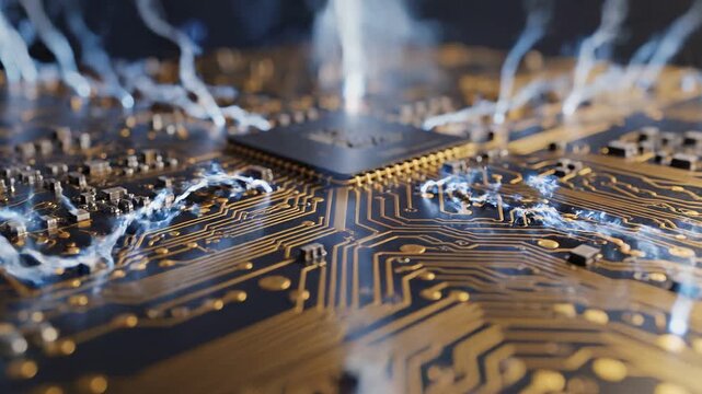 Extreme macro shot of a computer processor, electricity flowing through gold circuits, high detail, engineering concept.