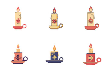 Folk Style Decorative Candles Icon Set with Traditional Patterns, Cozy Hand Drawn Holiday Illustrations, Flat Vector Design