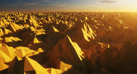 Polygonal abstract land with golden light, forming sharp peaks and geometric shapes, representing terrain, digital art and virtual environment