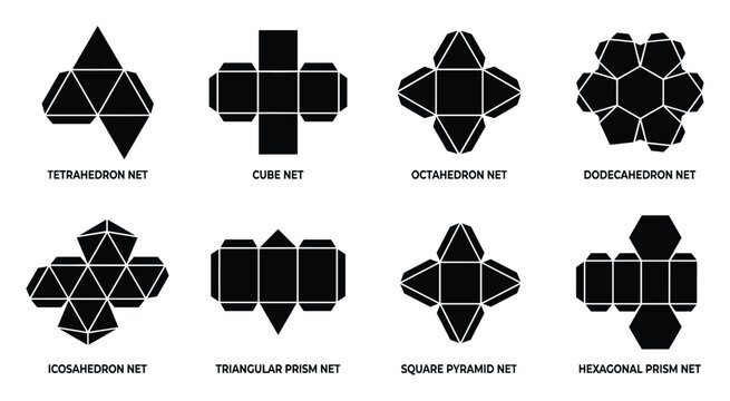 Geometric Shape Nets: Tetrahedron, Cube, Octahedron, Dodecahedron, Icosahedron, Prism, Pyramid