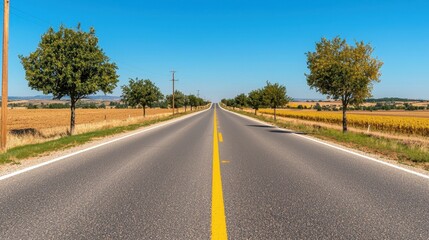 Fototapeta premium Scenic Open Road Surrounded by Green Trees and Golden Fields