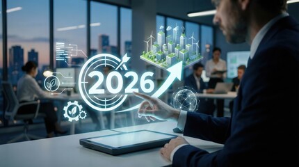 Businessman planning for 2026 with futuristic digital interface showing sustainability icons,growth target,and smart city development