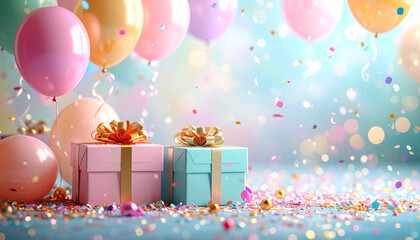 Pink and blue presents with gold bows surrounded by colorful balloons and falling confetti.