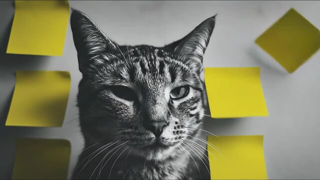 Cat with a yellow block on its head representing a playful vision and creative imagination in a whimsical setting. Creative Cat with Sticky Notes &ndash; Animated Video Version