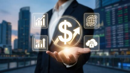Businessman holding virtual financial icon interface with dollar sign,bar graphs,cloud security and global currency,concept of finance growth,investment and economic strategy