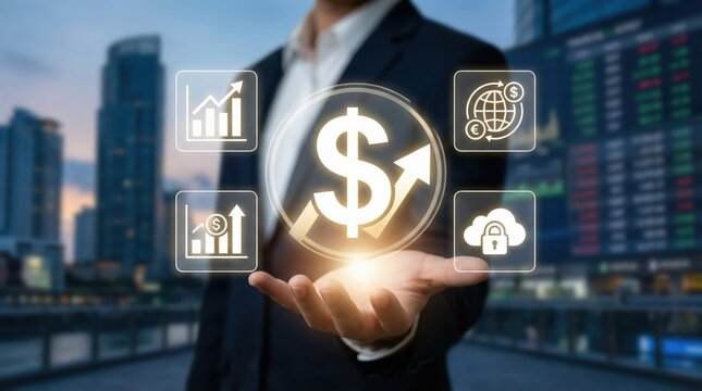 Businessman holding virtual financial icon interface with dollar sign,bar graphs,cloud security and global currency,concept of finance growth,investment and economic strategy - Powered by Adobe