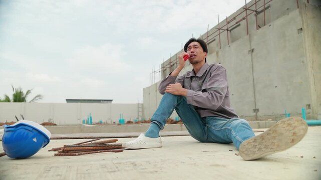 First Aid safety first and accident concept. Asian japanes Professional Engineering or construction builder worker in safety hard hat helmet lying unconscious at construction site. Civil engineer