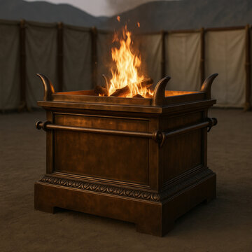 Brazen altar standing in the desert wilderness as described in the Old Testament, used for burnt offerings before the tabernacle.
