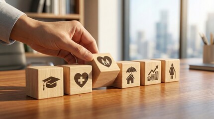 Hand arranging wooden blocks with family,health,home,education and finance symbols,concept of life planning,insurance and personal well-being strategy