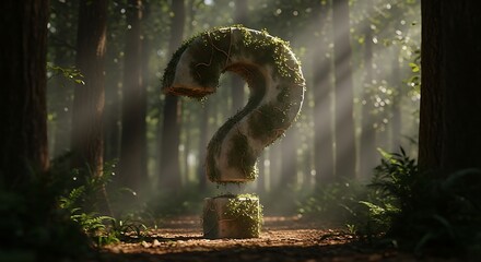 Enigmatic moss covered stone question mark structure levitating above a forest path illuminated by dramatic atmospheric light rays symbolizing mystery and inquiry.